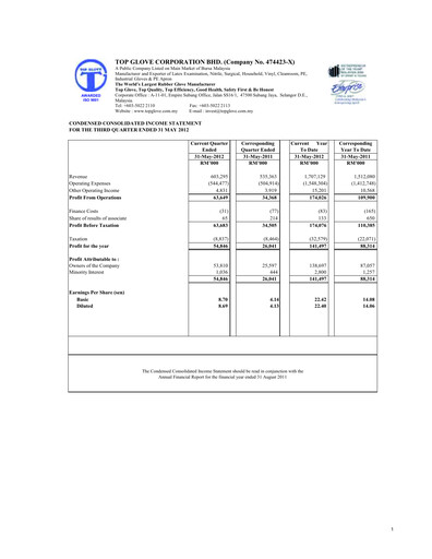 Thumbnail Top Glove Quarterly Report 2012-q3