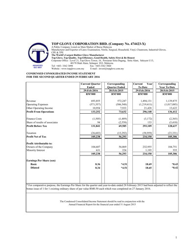 Thumbnail Top Glove Quarterly Report 2016-q2