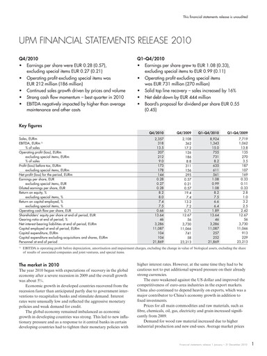 Thumbnail UPM-Kymmene Financial Statement 2010