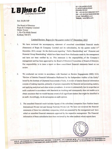 Vorschaubild Rupa Company
 Quartalsbericht 2012-q3