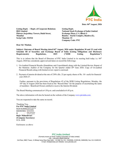 Miniature PTC India
 Rapport trimestriel 2026-q1