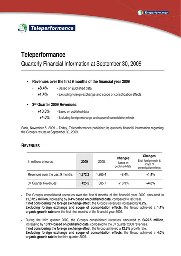 Vorschaubild Teleperformance Quartalsbericht 2009-q3