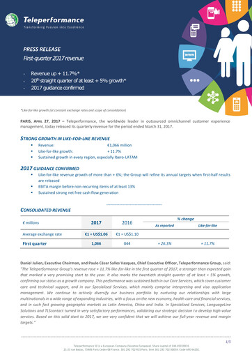 Thumbnail Teleperformance Quarterly Report 2017-q1