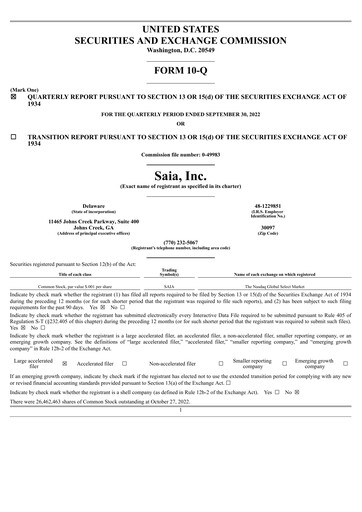 Miniature Saia
 Rapport trimestriel 2022-q3