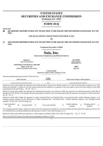 Miniature Saia
 Rapport trimestriel 2024-q3