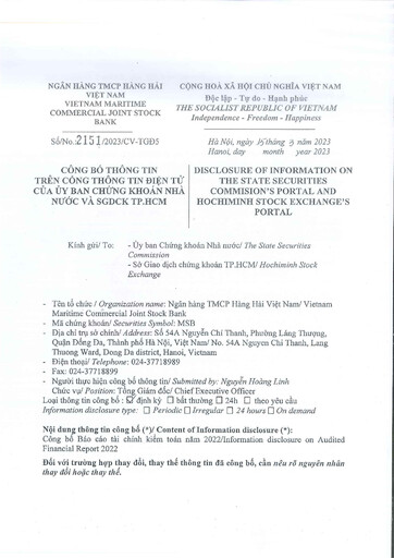 Miniature Vietnam Maritime Commercial Joint Stock Bank Bilan financier 2022