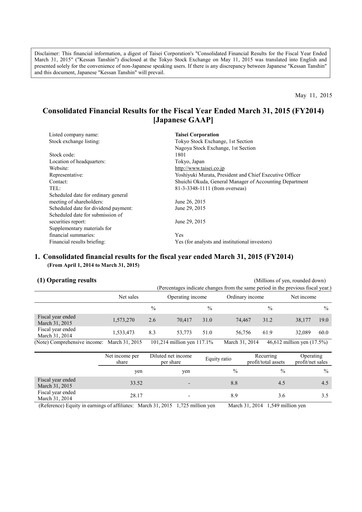 Thumbnail Taisei Corporation Financial Statement fy2014