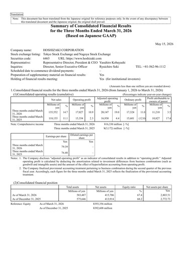 Vorschaubild Hoshizaki Corporation Quartalsbericht 2026-q1