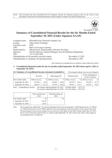 Miniature Mitsubishi Gas Chemical Company Rapport semestriel 2021-h1
