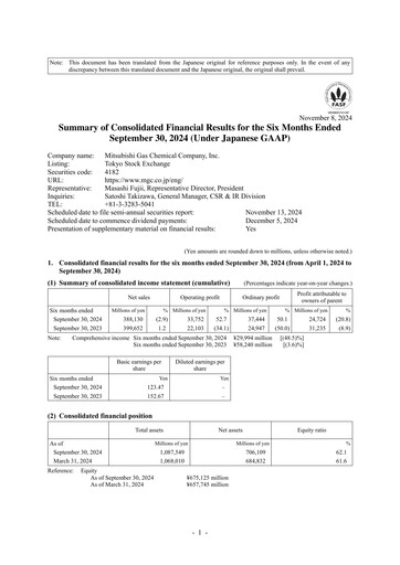 Miniature Mitsubishi Gas Chemical Company Rapport semestriel 2024-h1