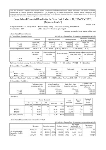 Thumbnail HASEKO Corporation Financial Statement fy2023