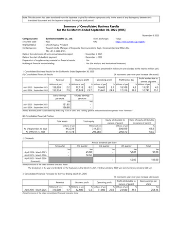 Thumbnail Sumitomo Bakelite Company Half-year Report 2026-h1
