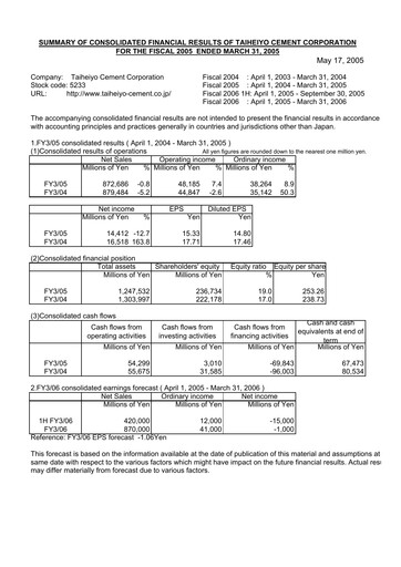 Thumbnail Taiheiyo Cement Financial Statement fy2005