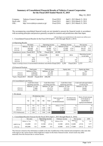 Thumbnail Taiheiyo Cement Financial Statement fy2015