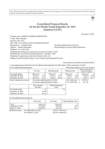 Thumbnail Taiheiyo Cement Half-year Report fy2026-h1