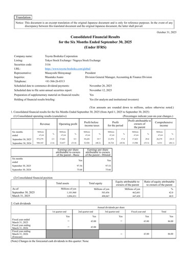 Vorschaubild Toyota Boshoku Corporation Halbjahresbericht 2026-h1