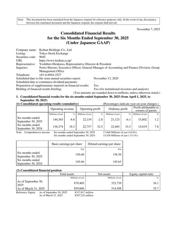Miniature Keihan Holdings Rapport semestriel 2025-h1
