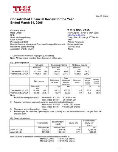 Thumbnail THK Co. Financial Statement fy2005