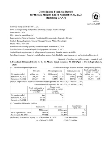 Thumbnail Daido Steel Quarterly Report 2023-q2