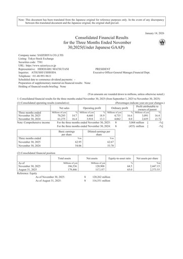 Miniature Saizeriya Rapport trimestriel 2026-q1