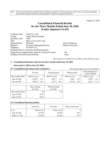 Thumbnail YONEX Co., Ltd. Quarterly Report 2027-q1