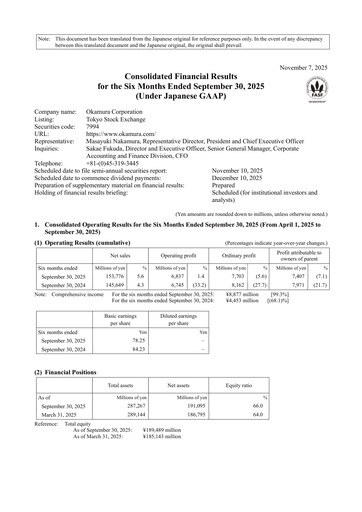 Thumbnail Okamura Corporation Half-year Report 2026-h1