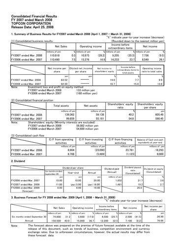 Thumbnail Topcon Corporation Financial Statement fy2007