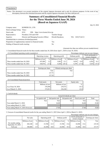 Vorschaubild Komeri Co.,Ltd. Quartalsbericht 2024-q1