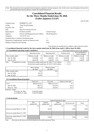 Vorschaubild Komeri Co.,Ltd. Quartalsbericht 2026-q1