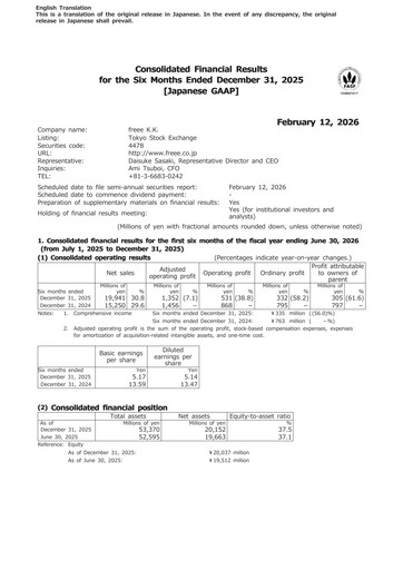 Thumbnail freee K.K. Half-year Report fy2026-h1