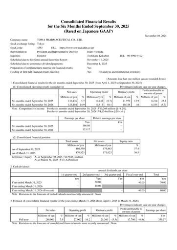 Thumbnail Towa Pharmaceutical Half-year Report 2025-h1