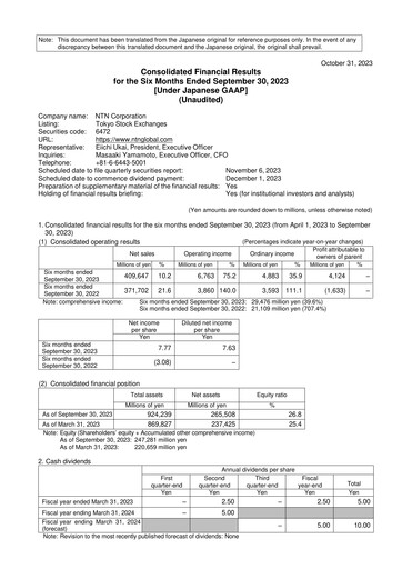 Thumbnail NTN Corporation Half-year Report 2023-h1