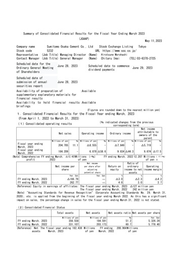 Thumbnail Sumitomo Osaka Cement Financial Statement fy2023