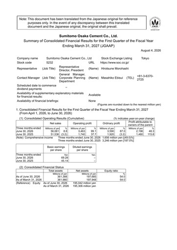 Thumbnail Sumitomo Osaka Cement Quarterly Report 2027-q1