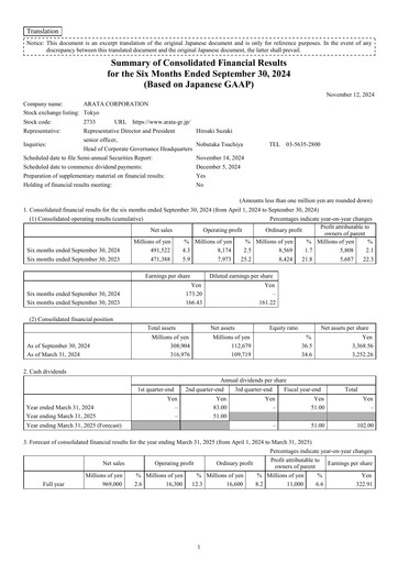 Thumbnail Arata Corporation Half-year Report 2024-h1
