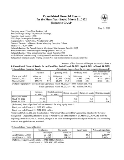Thumbnail Prima Meat Packers Financial Statement fy2022