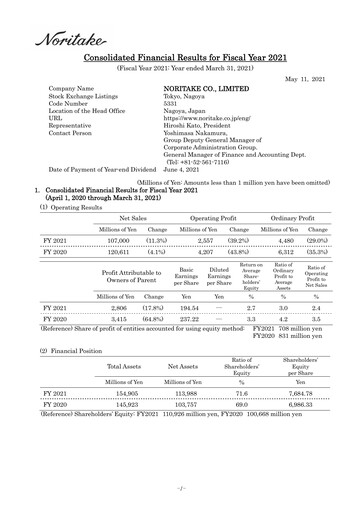 Thumbnail Noritake Financial Report 2021