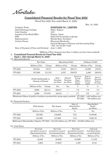 Thumbnail Noritake Financial Statement fy2022