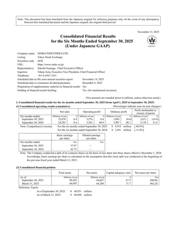 Miniature Sinko Industries Rapport semestriel 2026-h1