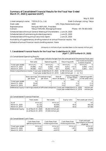 Thumbnail TOCALO Co.,Ltd. Financial Statement fy2019