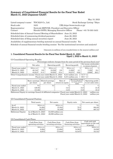 Thumbnail TOCALO Co.,Ltd. Financial Statement fy2022