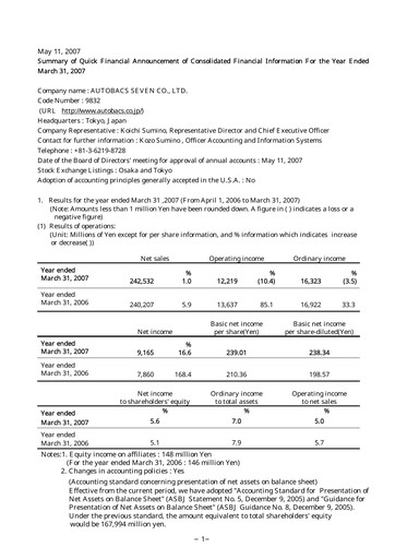 Thumbnail Autobacs Seven Financial Statement fy2007