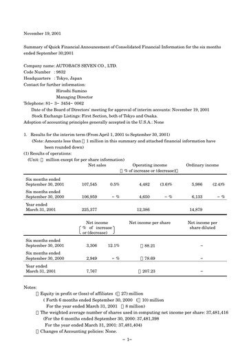 Thumbnail Autobacs Seven Half-year Report 2001-h1