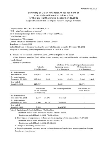 Thumbnail Autobacs Seven Half-year Report 2002-h1