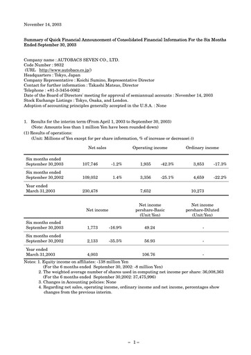 Thumbnail Autobacs Seven Half-year Report 2003-h1
