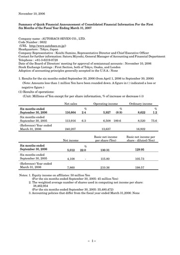 Thumbnail Autobacs Seven Half-year Report 2006-h1