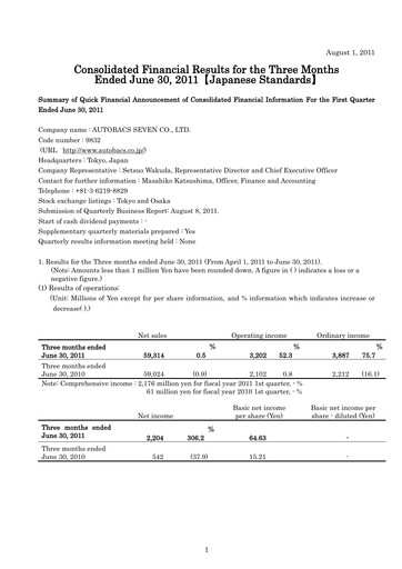 Thumbnail Autobacs Seven Quarterly Report 2011-q1