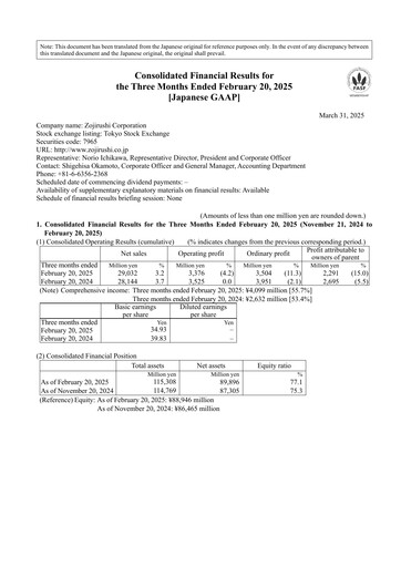 Miniature Zojirushi Rapport trimestriel 2025-q1