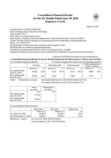 Miniature Fujita Kanko Rapport semestriel 2024-h1