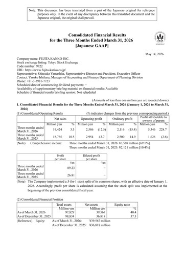Miniature Fujita Kanko Rapport trimestriel 2026-q1